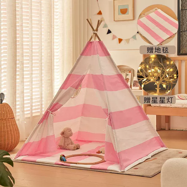 Pink and white strips + original carpet + star lights