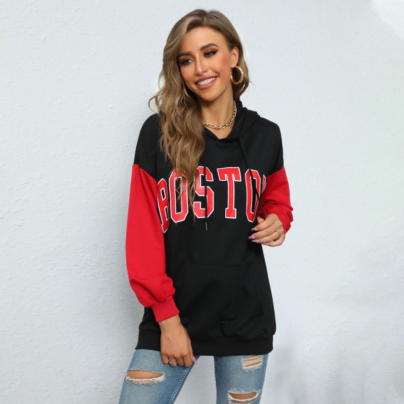2024 Autumn Color-Block Hoodie Letter Print Casual Sports Hooded Sweatshirt For Women_voghion.com