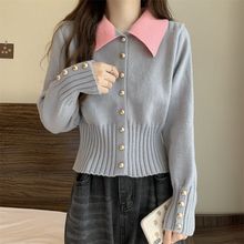 假两件翻领短款毛衣女秋冬装新款内搭打底针织衫小香风领上衣