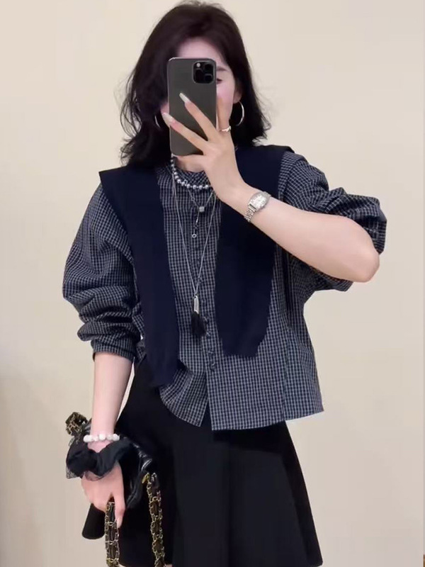 韩系高级感披肩格子衬衫女2025秋季新款宽松显瘦小个子百搭上衣潮|undefined