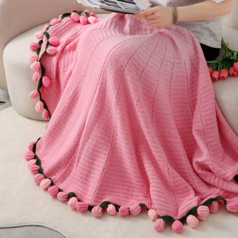 In-stock dyed blanket, handmade rose-patterned blanket, faux cashmere blanket, knitted blanket, fleece blanket, gradient-colored finished blanket