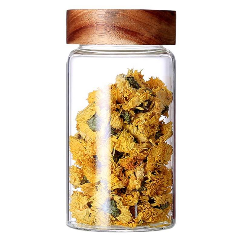 En stock boca de grano espiral tarro de almacenamiento de vidrio tarro de té cocina botella de vidrio de almacenamiento Acacia tapa de madera tarro sellado de vidrio
