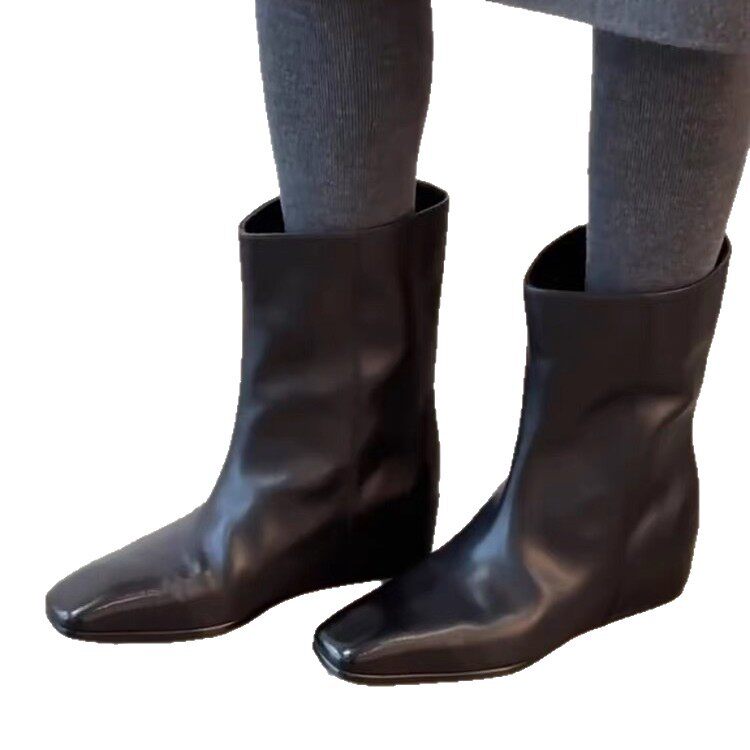 Bốt nữ cổ trung da bò thật mũi vuông ống rộng tôn dáng, gót xuồng 3–5 cm — Đen (lót lông), Đen (lót đơn)
