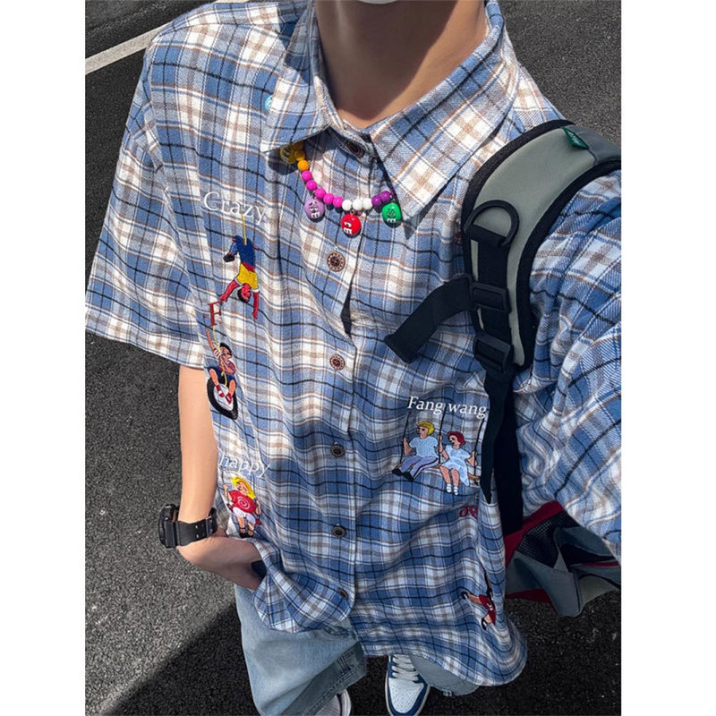 American Retro Embroidered Character Plaid Short-Sleeved Shirt for Women Summer Thin Loose Design Plaid Couple Shirt