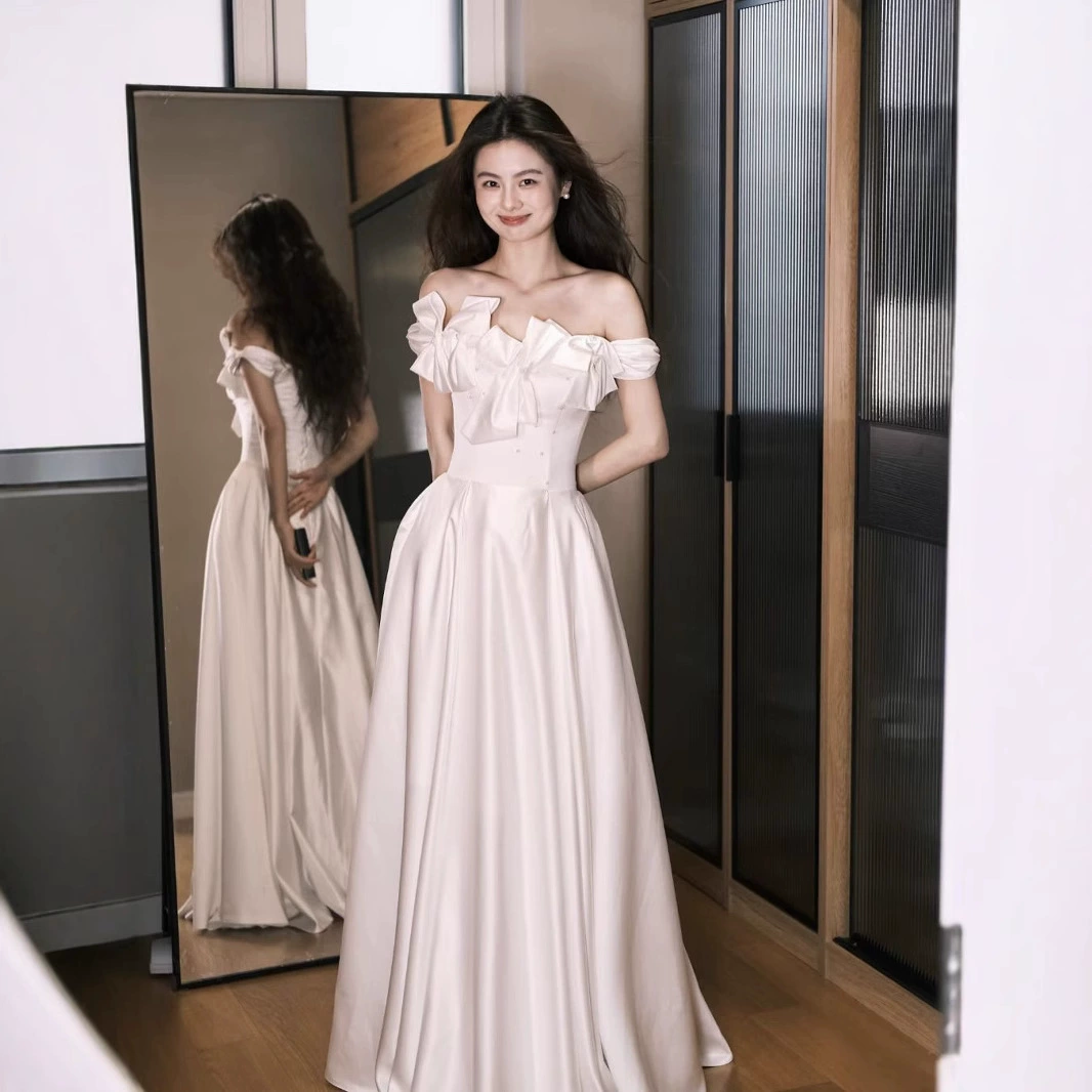 Французское свадебное платье из легкого атласа 2025 года, новое платье для помолвки, свадебная фата для регистрации, нишевый свадебный аксессуар.