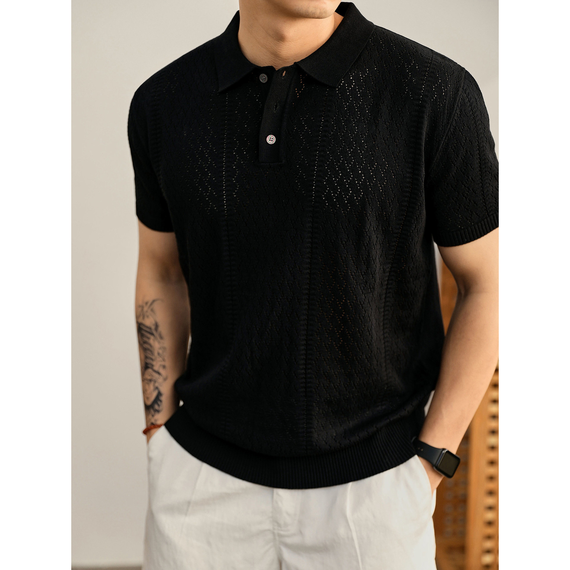 Polo camiseta de punto camiseta de manga corta camiseta hombre hueco diamante viejo viento ventilado seda de hielo transbordador de verano fábrica al por mayor