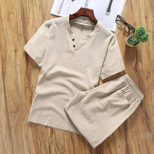 Short-sleeved suit, men's linen t-shirt, summer fat man's loose large size, casual sports, one suit, linen and linen shorts
