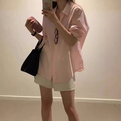 现 ounce粉色衬衫韩国东大门女装宽松简约显瘦纯色长袖韩系衬衫