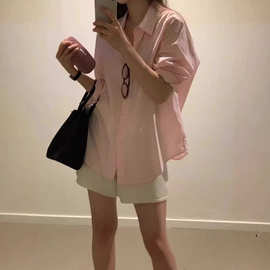 现 ounce粉色衬衫韩国东大门女装宽松简约显瘦纯色长袖韩系衬衫