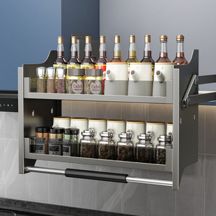 Ermo gun gray kitchen hanging cabinet drop-down lifting basket cabinet upper and lower buffer open door rack seasoning basket