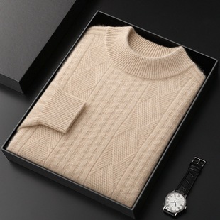Heavy Thickened 100 Mountain Cashmere Sweater Autumn and Winter New Men's Half-turtleneck Twist Flower plus size Knitted Base Sweater