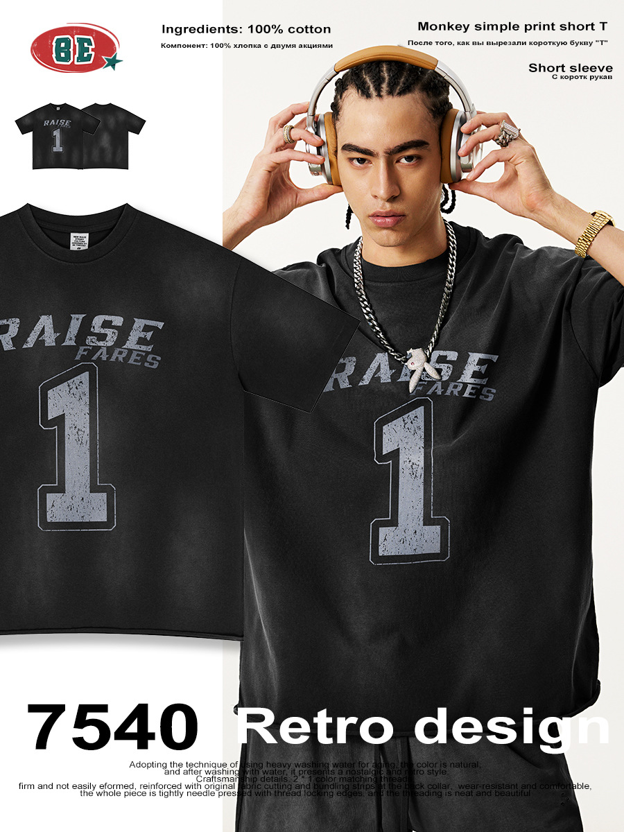 Be Hombres| 2025 verano americano retro sensación de diseño impresa camiseta de manga corta con camiseta de goma negra pesada ropa de moda para hombres