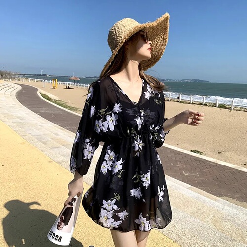 Women's separates conservative three-piece chiffon robe sun protection slimming stomach cover Korean version Ins plus size swimsuit
