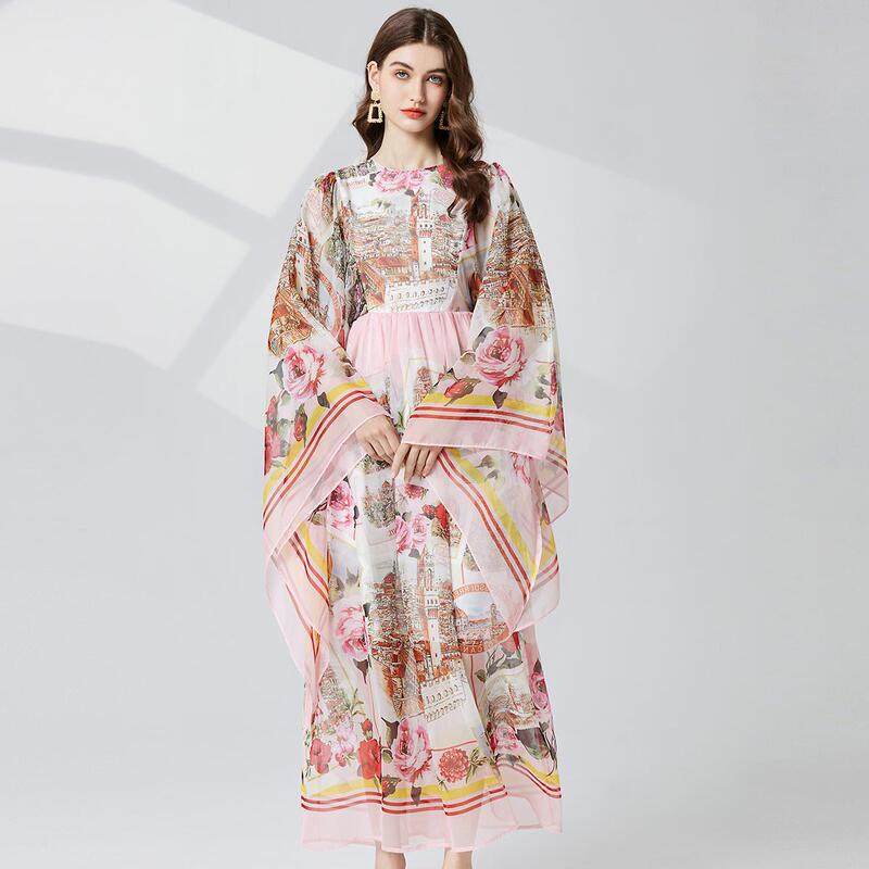 Long-Sleeved Loose Printed Design Niche Large Swing Skirt European and American Style Loose Large Size Fashionable and Elegant Long Skirt