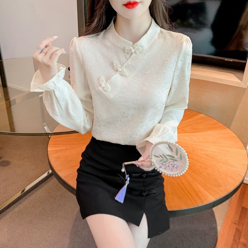 Spring and Autumn 2026 New Vintage Buttoned Chiffon Blouse for Women, Stylish Jacquard Chinese Style New Chinese Base Shirt