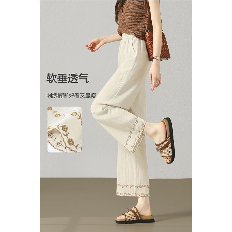 Cotton and Linen Wide-Leg Pants for Women, Summer Thin Style, 2026 New Model, Loose Nine-Point Casual Pants, Lightweight Embroidered Chinese Style Straight Pants Cotton and Linen Wide-Leg Pants for Women, Summer Thin Style, 2026 New Model, Loose Nine-Point Casual Pants, Lightweight Embroidered Chinese Style Straight Pants