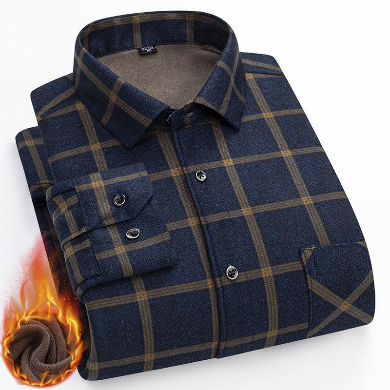 Warm Shirt Men's Long-Sleeved Winter Middle-Aged Business Casual Stripesd Middle-Aged and Elderly Dad's Velvet Thickeneded Men's Shirt