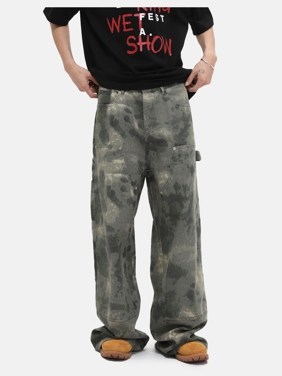 MTLCLOTHES Ropa de hombre | Camuflaje desgastado, costura descolorida, herramientas deconstruidas, jeans rectos de pierna ancha, moda casual