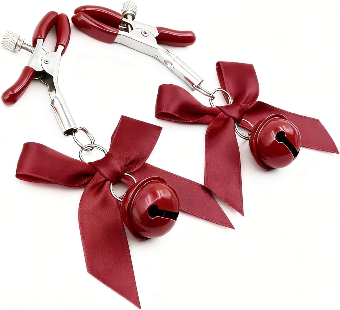 SM Nipple Clamps with Double Bells, Metal Breast Ornament Pair, Black Couple’s Intimate Play Accessory — detail image 5