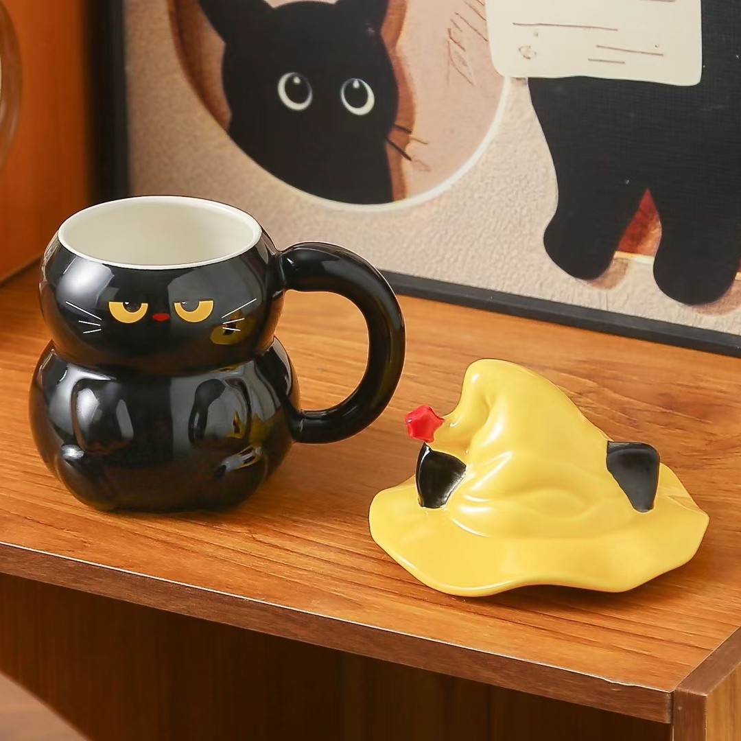 Creativo lindo negro y blanco mágico gato taza de cerámica personalidad transfronteriza taza de agua con taza de café de dibujos animados cubierta