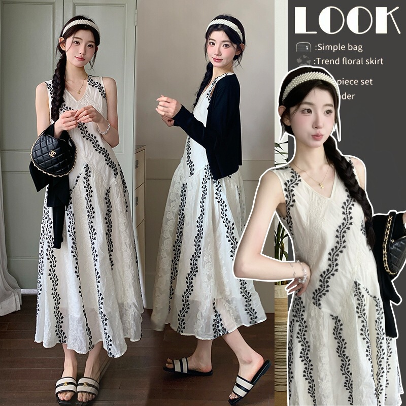 2026 Spring/Summer Maternity Off-White Ethnic Style Dress Elegant Tank Dress Sunscreen Jacket 2-Piece Set
