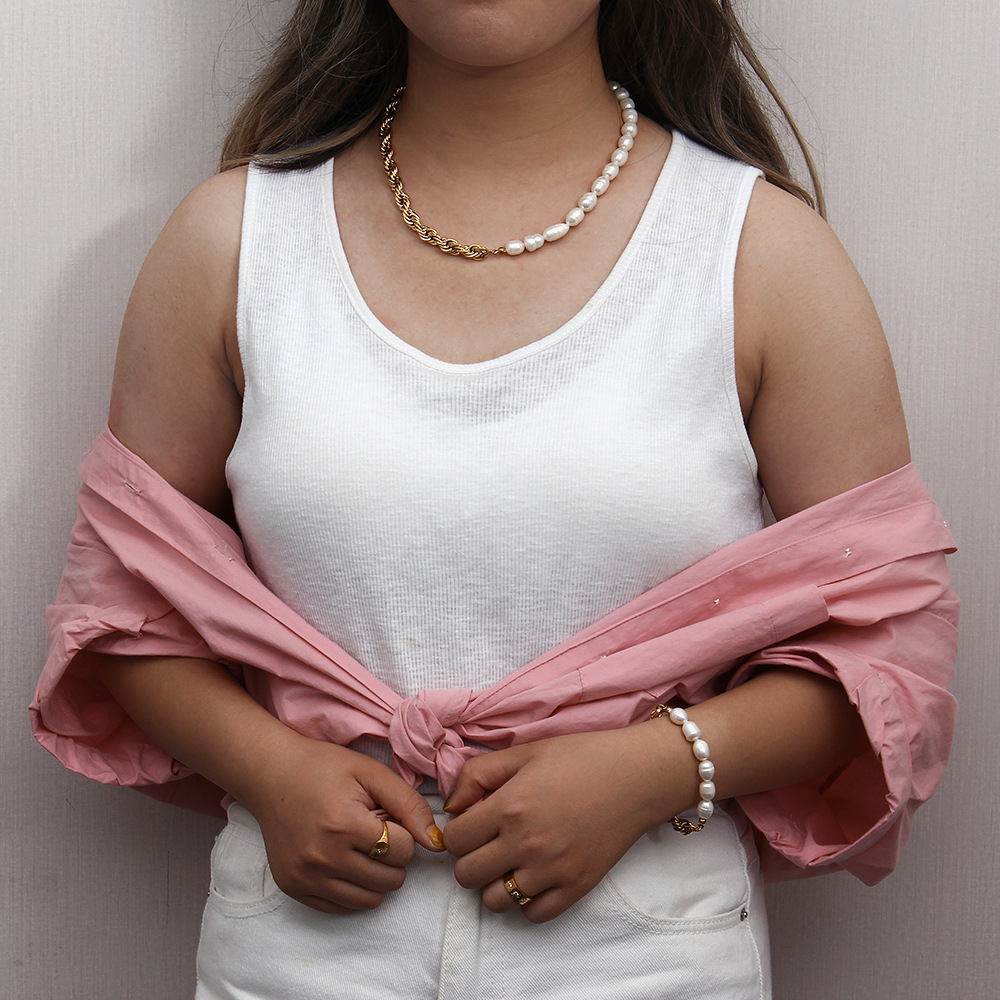 2022 New Fashion Natural Freshwater Pearl Women Stainless Steel Necklace Bracelet Set