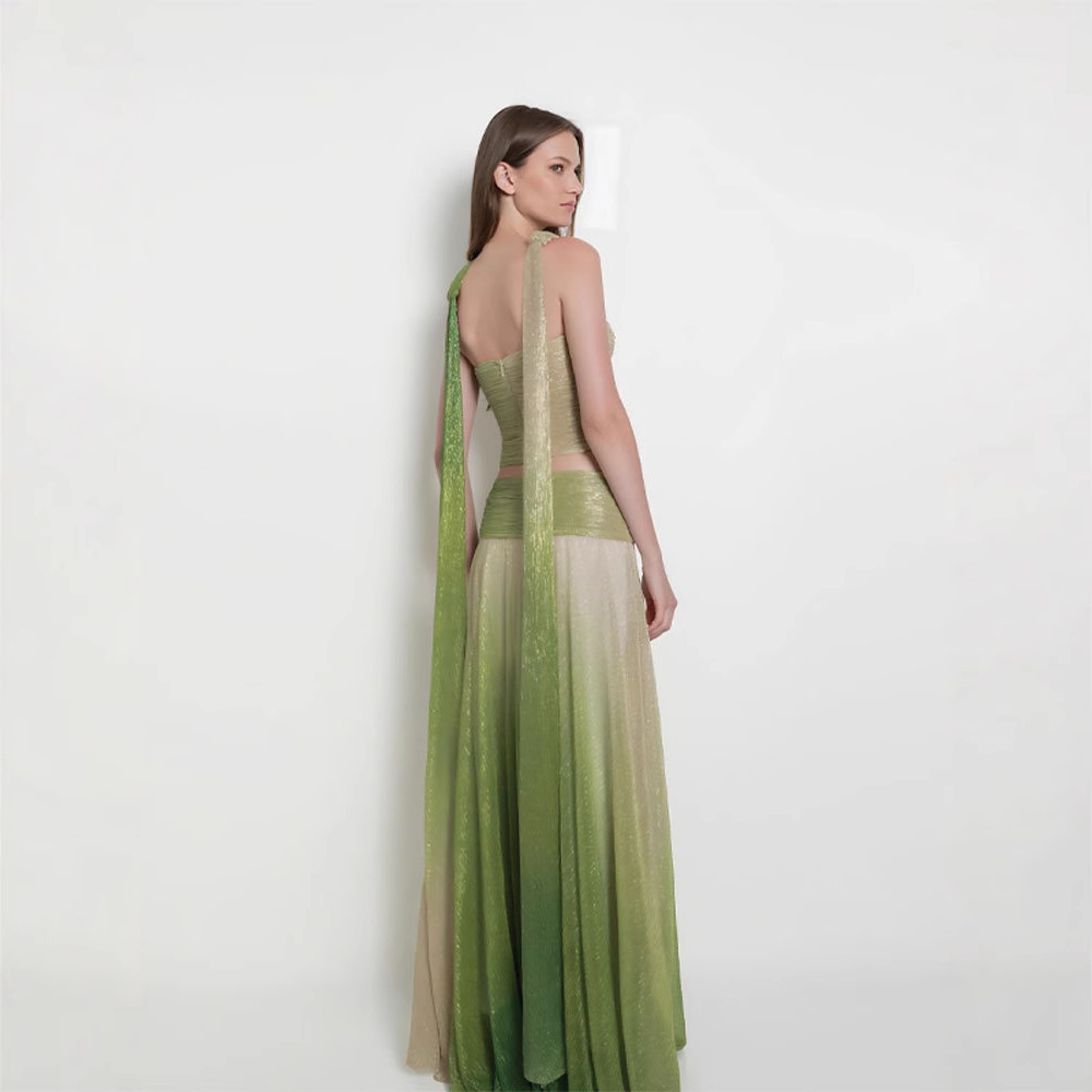 Summer Fashion Halter Neck Strap Skirt Set For Women Elegant Gradient Loose Fit Dance Dress_voghion.com