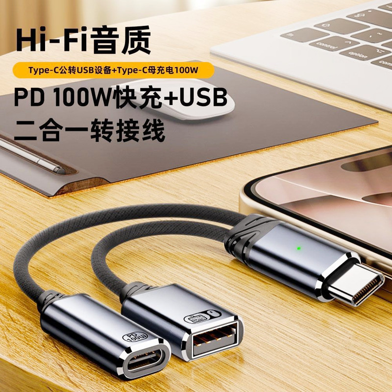 Type C 1-to-2 Docking Station 100W Fast Charging Adapter Cable USB Otg Converter for Connecting USB Drives and Mice
