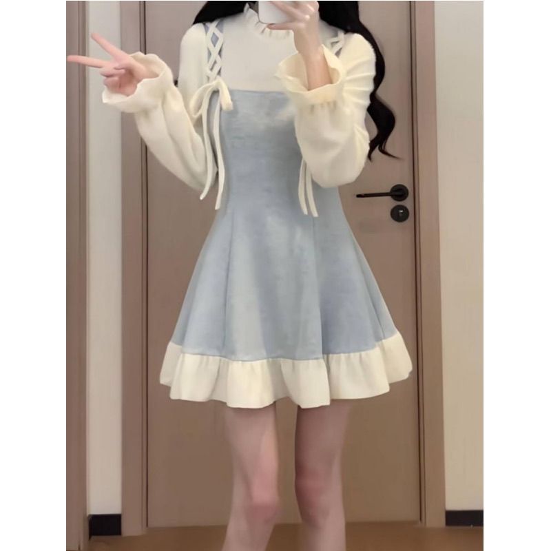 早春甜美短裙秋冬收腰显瘦小众设计感撞色拼接假两件连衣裙女|undefined