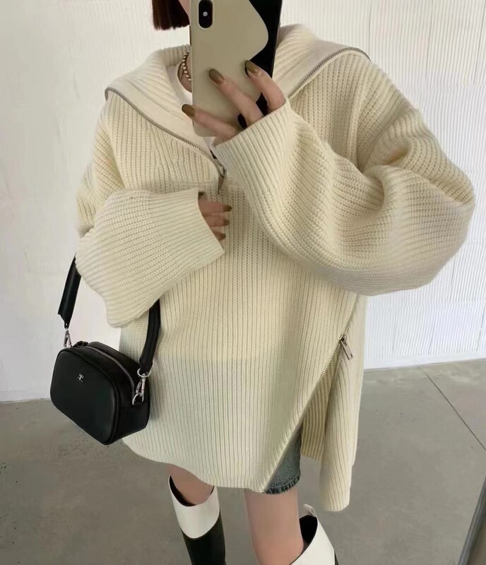 新款拉链高领毛衣女秋冬慵懒风宽松设计感小众上衣不规则针织衫|undefined