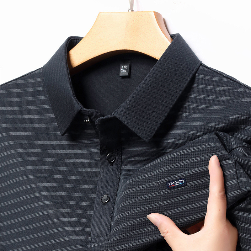 Middle-aged Men's Autumn Long-sleeved T-shirt Striped Top Real Pocket New Dad's Polo Shirt Casual All-match Lapel
