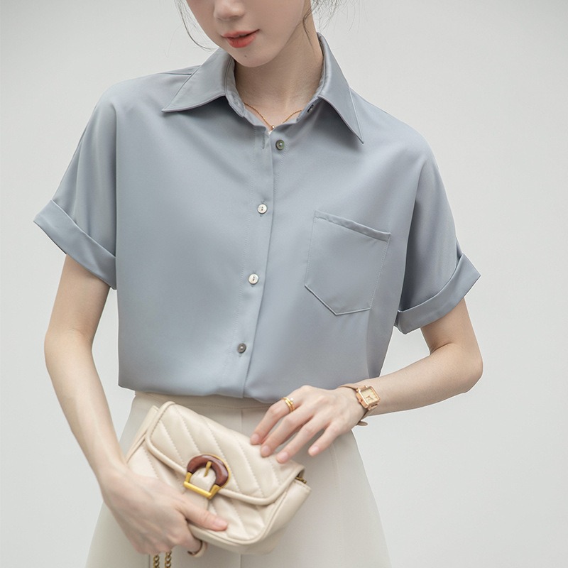 Liang Yixuan Grey-blue V-neck Short-sleeved Shirt Women's 2024 Summer Professional Commuting Matte Satin Interview Shirt Trendy