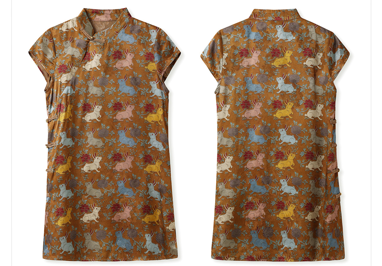 Đầm suông midi chữ A vải rayon thêu hoa cách tân cổ điển Trung Quốc — Màu đỏ san hô, Màu caramel chi tiết 38