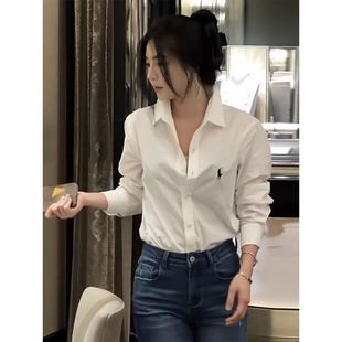 Pony Embroidered Autumn Long-Sleeved Thin Loose Casual Design Fashionable Solid White Shirt Top Shirt