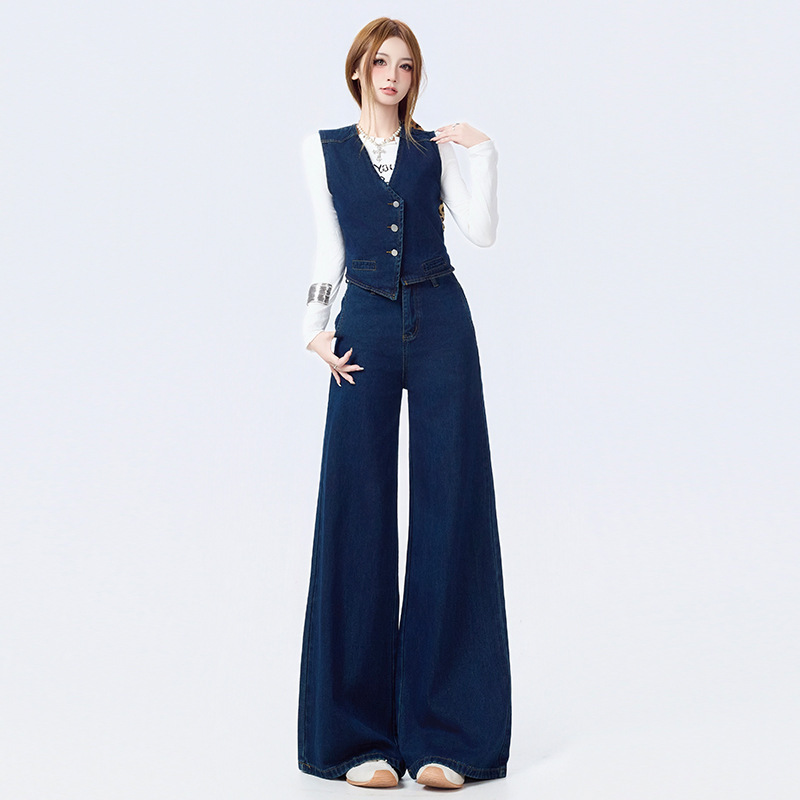 Wide-Leg Pants for Women 2025 New High-End Vest French Denim Jeans Fashion Casual Suit Denim Cotton