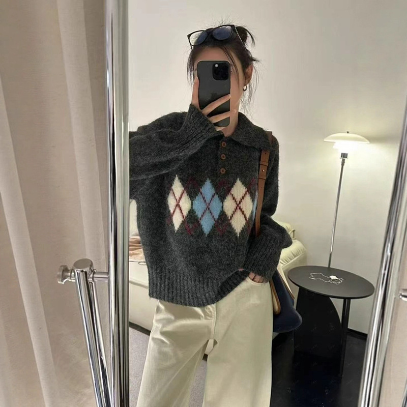 New autumn and winter vintage simple geometric diamond pattern color-blocking jacquard design polo collar pullover versatile sweater for women