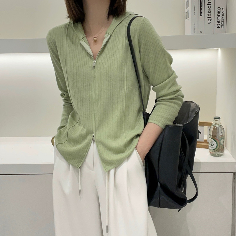 Fashionable Pit Strip Thin Hooded Cashmere Knitted Cardigan for Women Spring & Fall Loose Knitwear Hoodie Bottoming Wool Sweatshirt