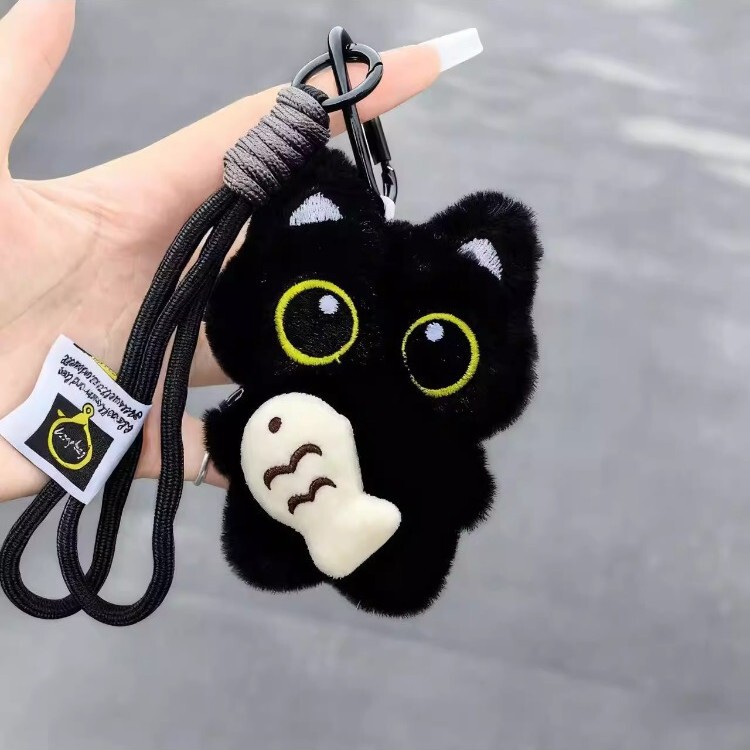 Cute and Adorable Big-Eyed Black Cat with a Small Fish Pendant, Luo Xiaohei Keychain Plush Toy, Black Cat Couple Bag Pendant
