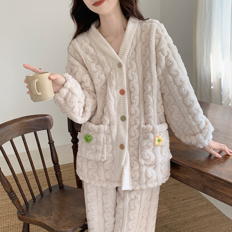 Coral Velvet Pajamas for Women Winter Warm Small Flower Rainbow Cardigan Suit Fleece-Lined Thickeneded Jacquard Women's Home Wear