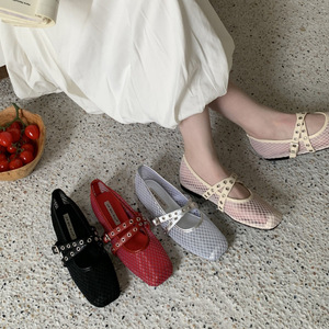 法式浅口单鞋女2025夏季新款网面镂空编织方头芭蕾舞玛丽珍鞋