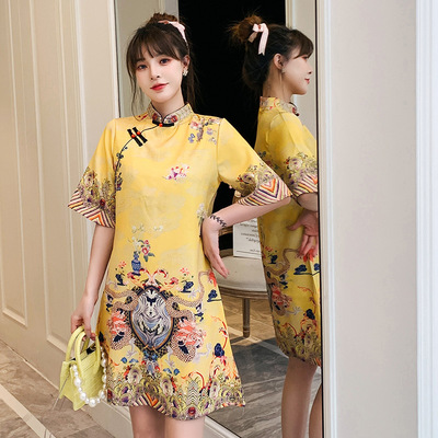 Yellow floral printed retro chinese dress qipao oriental cheongsam yellow palace Tang suit Chinese improved cheongsam dress