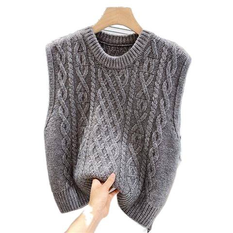 Retro twist sleeveless vest for women autumn Korean thickened loose folded knitted sweater with round neck vest