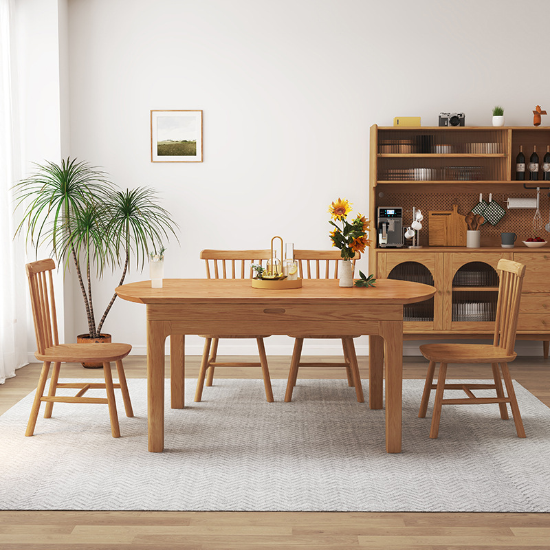 Madera maciza nórdica redonda mesa de comedor retráctil 4/6/8 personas comedor madera maciza mesa de comedor blanco cera combinación silla