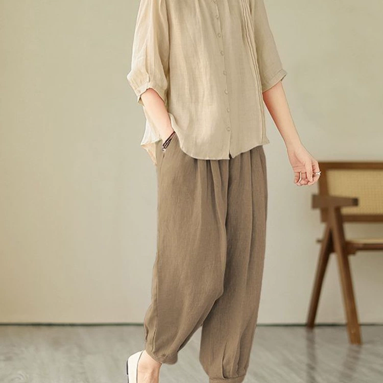 Женская одежда среднего и пожилого возраста. Новые летние топы для мам 2025 года, костюмы-футболки, брюки большого размера из хлопка и льна в западном стиле, комплект из двух предметов.