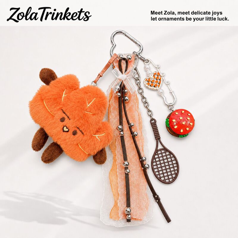 Orange fluffy maple leaf plush pendant with embroidered expression, maple leaf doll bag pendant, backpack and phone decoration
