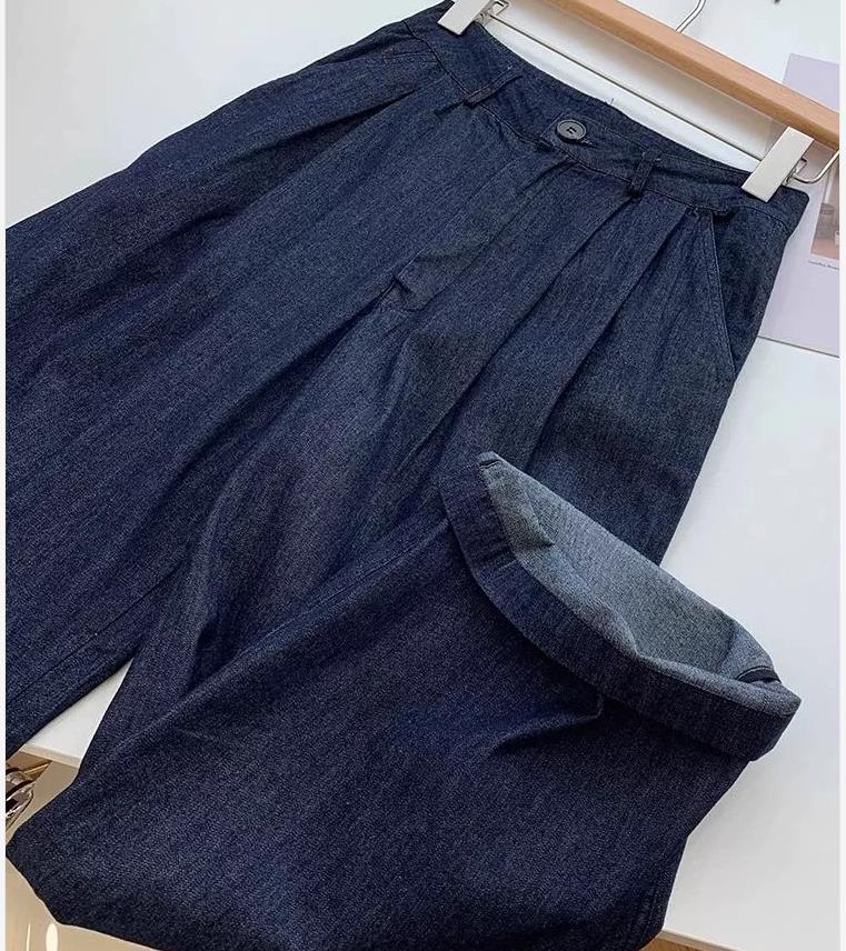 Quần ống rộng vải lanh cotton Yamamoto cạp cao mẫu mới mùa hè 2025 — Màu xanh đậm chi tiết 4