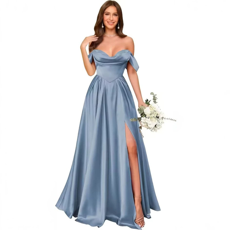 Cross-border light luxury off-shoulder satin high-waisted slit long dress for banquets, performances, evening wear, and bridesmaid dresses Cross-border light luxury off-shoulder satin high-waisted slit long dress for banquets, performances, evening wear, and bridesmaid dresses