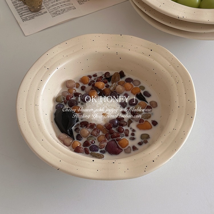 复古泼墨线圈草帽盘风哑光干饭盘沙拉意面盘子燕麦酸奶早餐盘