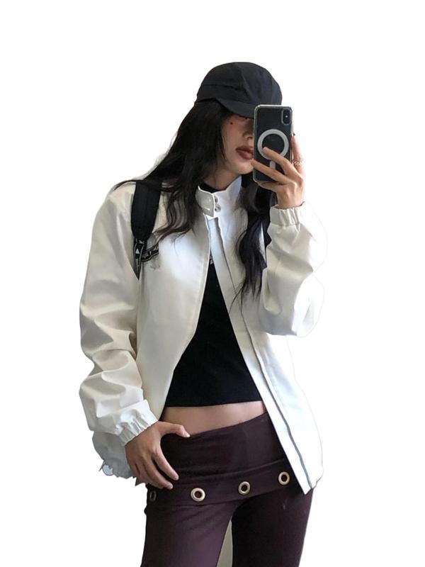 漂亮早秋外套女秋季宽松设计感休闲简约立领刺绣运动夹克上衣|undefined