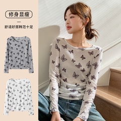 H 868カスタム蝶プリントの薄い丸首と長袖の修身tシャツの女性の春の夏はやせているカジュアルなブラウスを見せます。